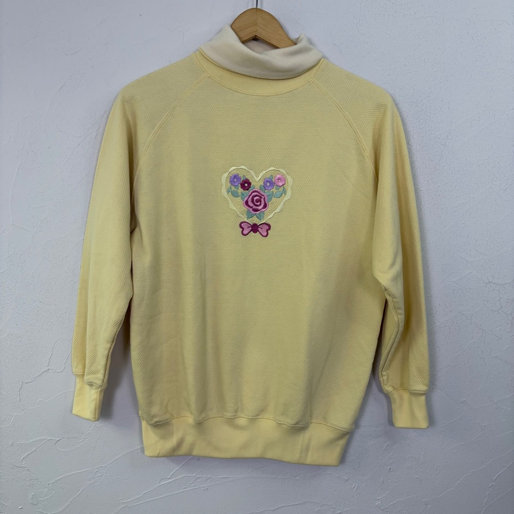 Vtg Baxter Wells Sweatshirt Women S Butter Yellow Floral Heart Granny Cottage